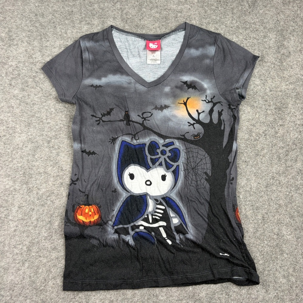 Hello Kitty Shirt Juniors Large Halloween Skeleton Vampire Bats Goth Spooky Tee
